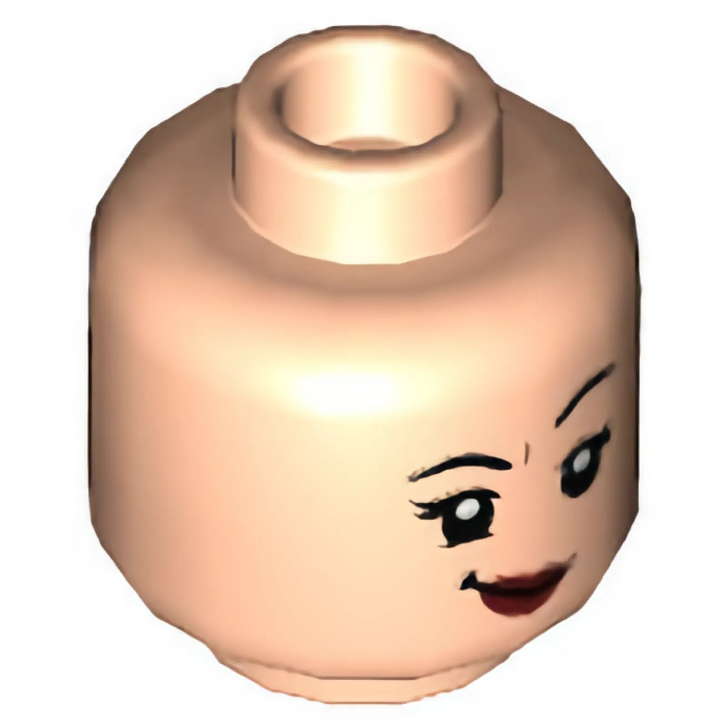 Part 3626cpb3106 - Minifigure, Head Dual Sided Female, Black Eyebrows, Lopsided Grin with Dark Red Lips / Bright Light Orange Goose Duck Bill Pattern - Hollow Stud