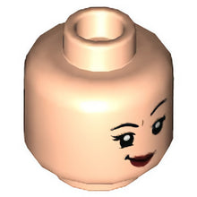 Part 3626cpb3106 - Minifigure, Head Dual Sided Female, Black Eyebrows, Lopsided Grin with Dark Red Lips / Bright Light Orange Goose Duck Bill Pattern - Hollow Stud