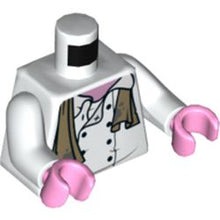 Part 973pb3894c01 - Torso Chef Jacket, Dark Tan Dirty Towel with Dark Bluish Gray Splotches, Dark Red Pigsy Logo on Back Pattern / White Arms / Bright Pink Hands