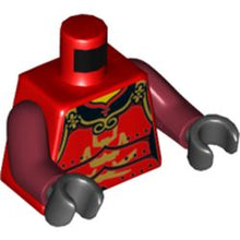 Part 973pb3944c01 - Torso Samurai Armor in 3 Sections, Gold Clasps and Trim and Horns, Visor and Crossed Swords Pattern / Dark Red Arms / Black Hands