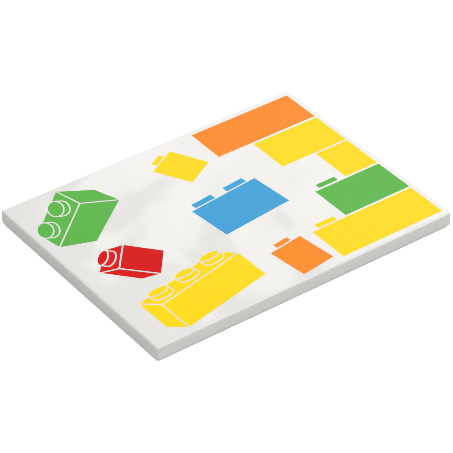 Part 6320pb002R - Tile 6 x 8 with Yellow, Orange, Red, Green and Dark Azure Stacked and Loose LEGO Bricks Pattern Model Right Side