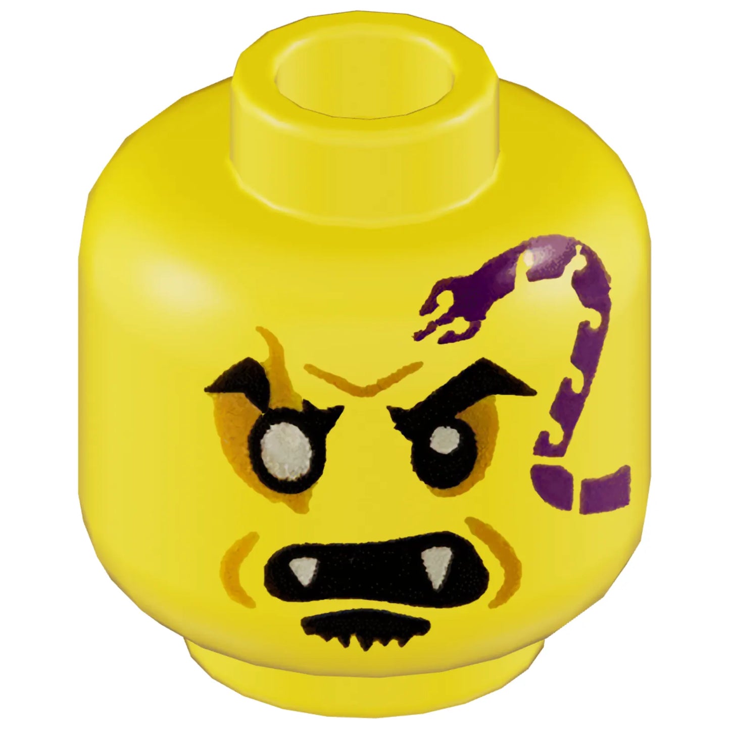 Part 3626cpb2749 - Minifigure, Head Dark Purple Snake Tattoo, Gold Right Eye, Open Mouth with Fangs, Black Soul Patch Pattern - Hollow Stud