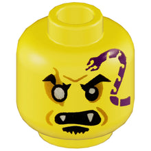Part 3626cpb2749 - Minifigure, Head Dark Purple Snake Tattoo, Gold Right Eye, Open Mouth with Fangs, Black Soul Patch Pattern - Hollow Stud