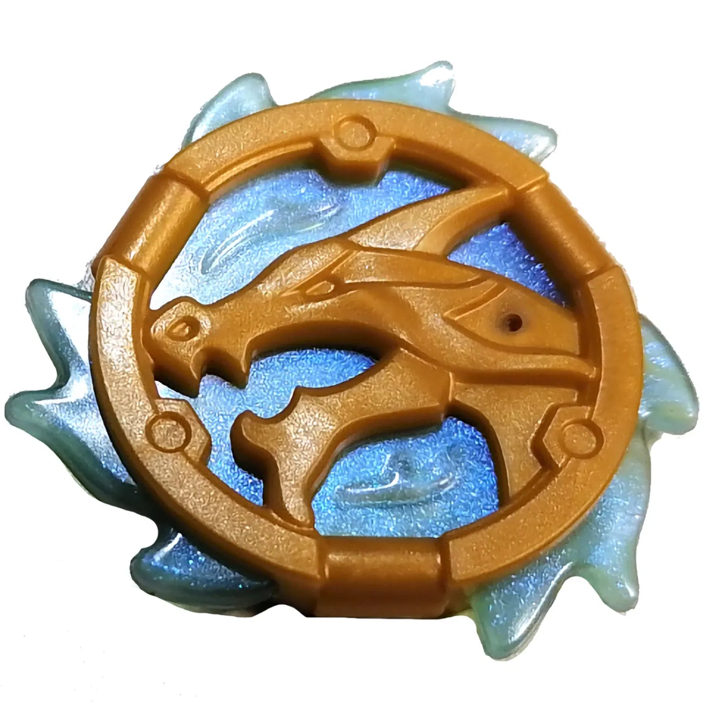 Part 69567pb02 - Ring 3 x 3 with Dragon Head with Molded Satin Trans-Light Blue Flames Pattern (Ninjago Wave Amulet)