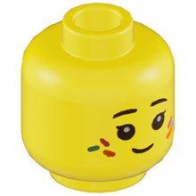Part 3626cpb3091 - Minifigure, Head Dual Sided Child Female Black Eyebrows, Dark Azure, Orange, and Magenta Sprinkles, Grin / Open Smile with Teeth Pattern - Hollow Stud