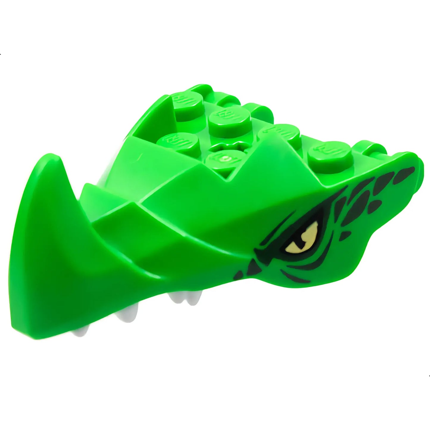 Part 76923pb02 - Dragon Head (Ninjago) Jaw with Large Spike and 2 Bar Handles on Back with Yellow Eyes, Dark Green Scales, and White Teeth Pattern