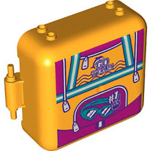 Part 64462pb09 - Container, Box 3 x 8 x 6 2/3 Half Front with Backpack with Dark Turquoise Swim Goggles, '#1', Dolphin and 'GO TEAM' Pattern