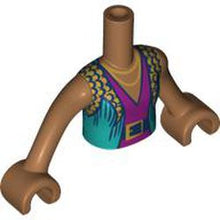 Part FTGpb273c01 - Torso Mini Doll Girl Dark Turquoise Vest over Magenta V-Neck, Black Belt, Gold Buckle and Necklace Pattern, Medium Nougat Arms with Hands