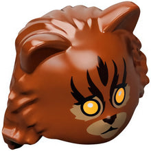 Part 18513pb01 - Minifigure, Headgear Head Cover, Cat with Mid-Length Hair in Back with Yellow Eyes, Tan Muzzle and Eye Patches, Dark Brown Stripes Pattern