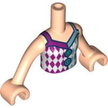Part FTGpb331c01 - Torso Mini Doll Girl White Top with Magenta and Metallic Light Blue Diamonds Pattern, Light Nougat Arms with Hands