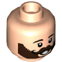 Part 3626cpb2909 - Minifigure, Head Dual Sided, Dark Brown Eyebrows and Beard with Black Curly Moustache, Open Mouth Smile / Laughing with Tongue Pattern - Hollow Stud