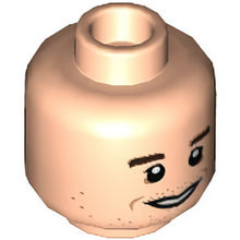 Part 3626cpb2906 - Minifigure, Head Dual Sided, Dark Brown Eyebrows, Stubble, Open Mouth Smile / Quizzical Pattern - Hollow Stud