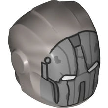 Part 28631pb21 - Minifigure, Headgear Helmet Armor Plates and Ear Protectors with Silver Faceplate, White Eye Slits, Weathering Cracks Pattern