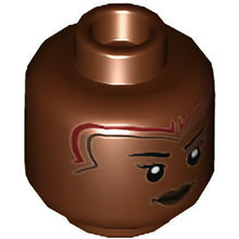 Part 3626cpb3234 - Minifigure, Head Female, Pearl Gold and Dark Red Tiara, Black Eyebrows, Dark Brown Lips, Tattoo on Back Pattern - Hollow Stud