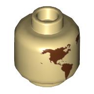 Part 3626pb2892 - Minifigure, Head without Face with Reddish Brown Globe World Map with Japan and Hawaii Pattern - Hollow Stud