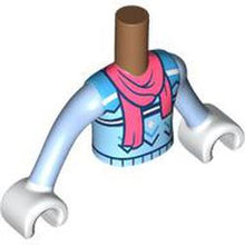 Part FTBpb104c01 - Torso Mini Doll Boy Bright Light Blue Sweater with White, Dark Azure and Dark Blue Stripes, Zigzag Lines and Diamonds with Coral Scarf Pattern, Bright Light Blue Arms / Sleeves with White Hands / Gloves