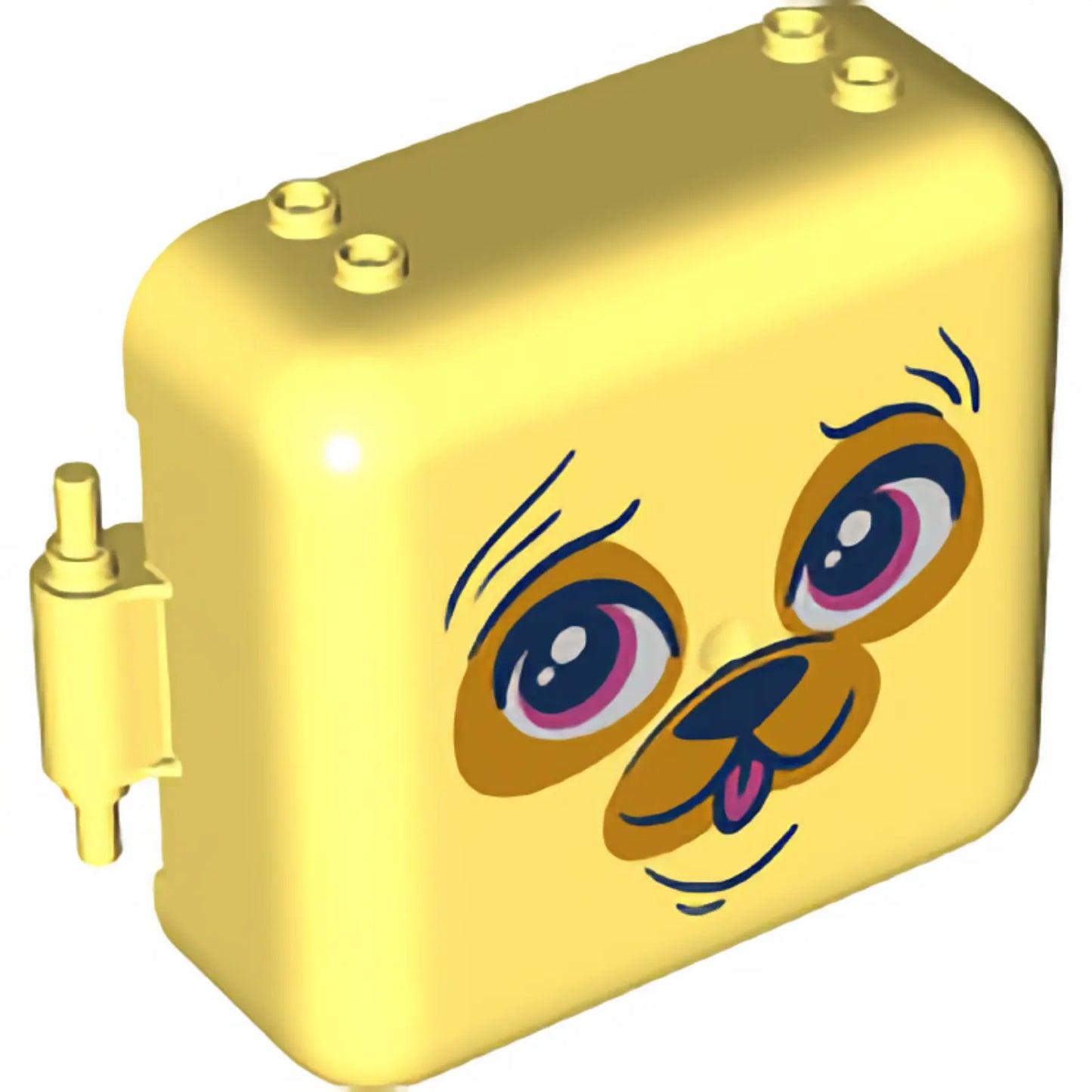 Part 64462pb01 - Container, Box 3 x 8 x 6 2/3 Half Front with Dark Blue, White, Dark Pink, and Bright Light Orange Pug Face with Tongue Pattern