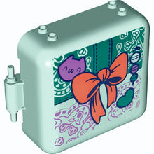 Part 64462pb11 - Container, Box 3 x 8 x 6 2/3 Half Front with Present with Coral Bow, Medium Lavender Cat Face, Dark Turquoise Heart, and Ornament Pattern