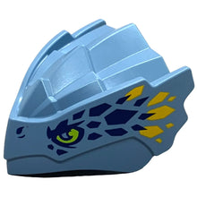 Part 4921pb01 - Dragon Head (Ninjago) with Stepped Top and Pin Hole on Back with Lime Eyes, Dark Blue and Bright Light Orange Scales Pattern