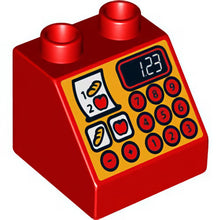 Part 6474pb34 - Duplo, Brick 2 x 2 x 1 1/2 Slope 45 with Cash Register, Bread and Apple Buttons, Receipt, and '1.23' Pattern