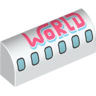 Part 6191pb039 - Slope, Curved 1 x 4 x 1 1/3 with Dark Silver and Metallic Light Blue Airplane Windows, Coral and Medium Azure 'WORLD' Pattern