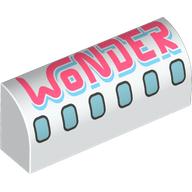Part 6191pb040 - Slope, Curved 1 x 4 x 1 1/3 with Dark Silver and Metallic Light Blue Airplane Windows, Coral and Medium Azure 'WONDER' Pattern