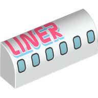 Part 6191pb041 - Slope, Curved 1 x 4 x 1 1/3 with Dark Silver and Metallic Light Blue Airplane Windows, Coral and Medium Azure 'LINER' Pattern
