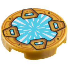 Part 14769pb722 - Tile, Round 2 x 2 with Bottom Stud Holder with Medium Azure Crystal with White Radiating Reflections, Clasps with Dark Orange Shapes Pattern