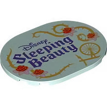 Part 65474pb12 - Tile, Round 6 x 8 Oval with Dark Purple 'Disney Sleeping Beauty', Gold Thorns and Spinning Wheel, and Red Roses with Lavender Leaves Pattern