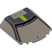 Part 65633pb10 - Windscreen 6 x 6 x 1 1/3 Straight Sides with Black Window Frame Outline, Dark Bluish Gray Roof and Lime Stripe, 'ASTON MARTIN RACING' Pattern