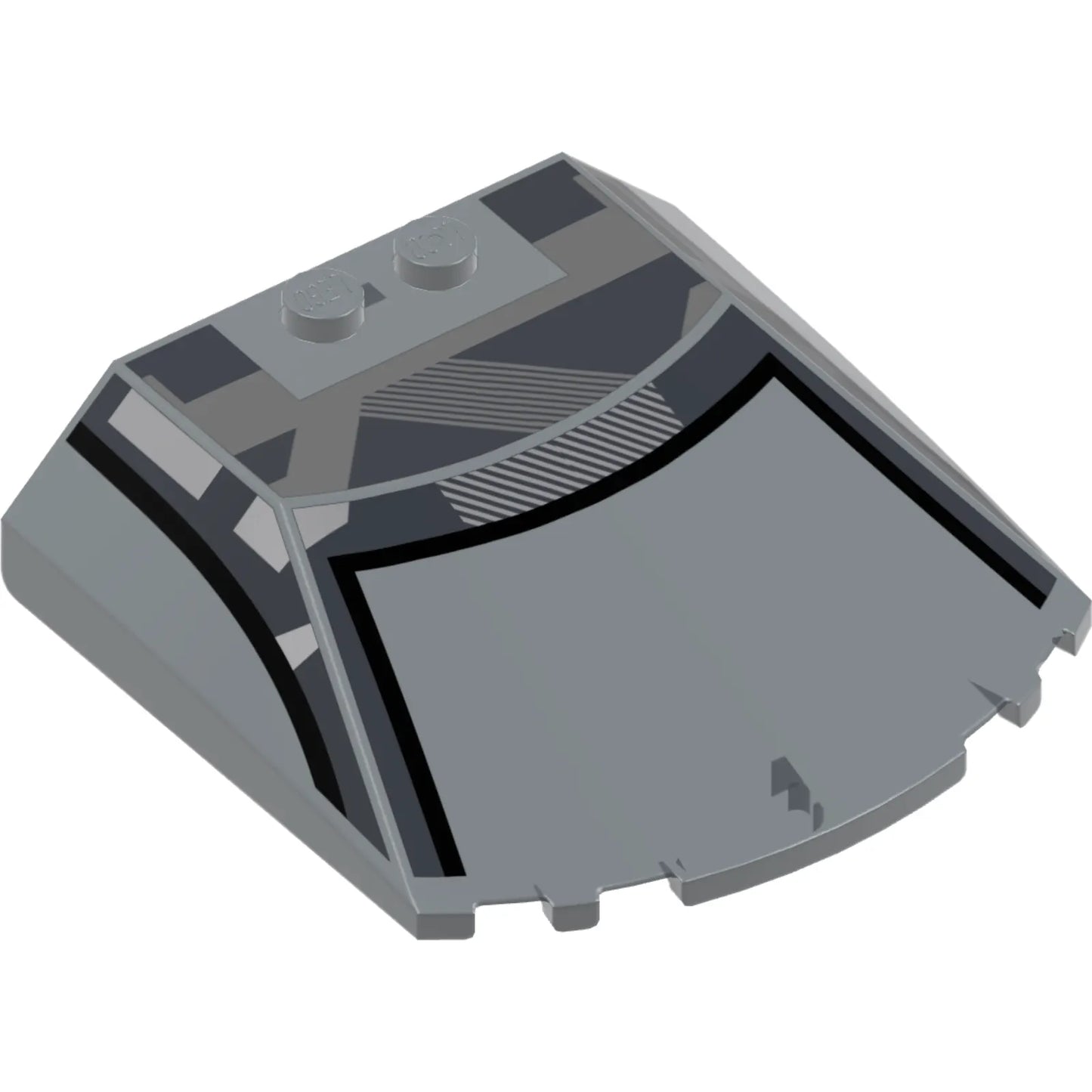 Part 65633pb15 - Windscreen 6 x 6 x 1 1/3 Straight Sides with Black and Dark Bluish Gray Window Frame Outline, Roof, and Silver Stripes Pattern