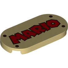 Part 66857pb002 - Tile, Round 2 x 4 Oval with Red 'MARIO' and Dark Brown Rivets Pattern
