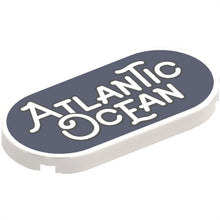 Part 66857pb021 - Tile, Round 2 x 4 Oval with Black Outline 'ATLANTIC OCEAN' on Dark Blue Background Pattern