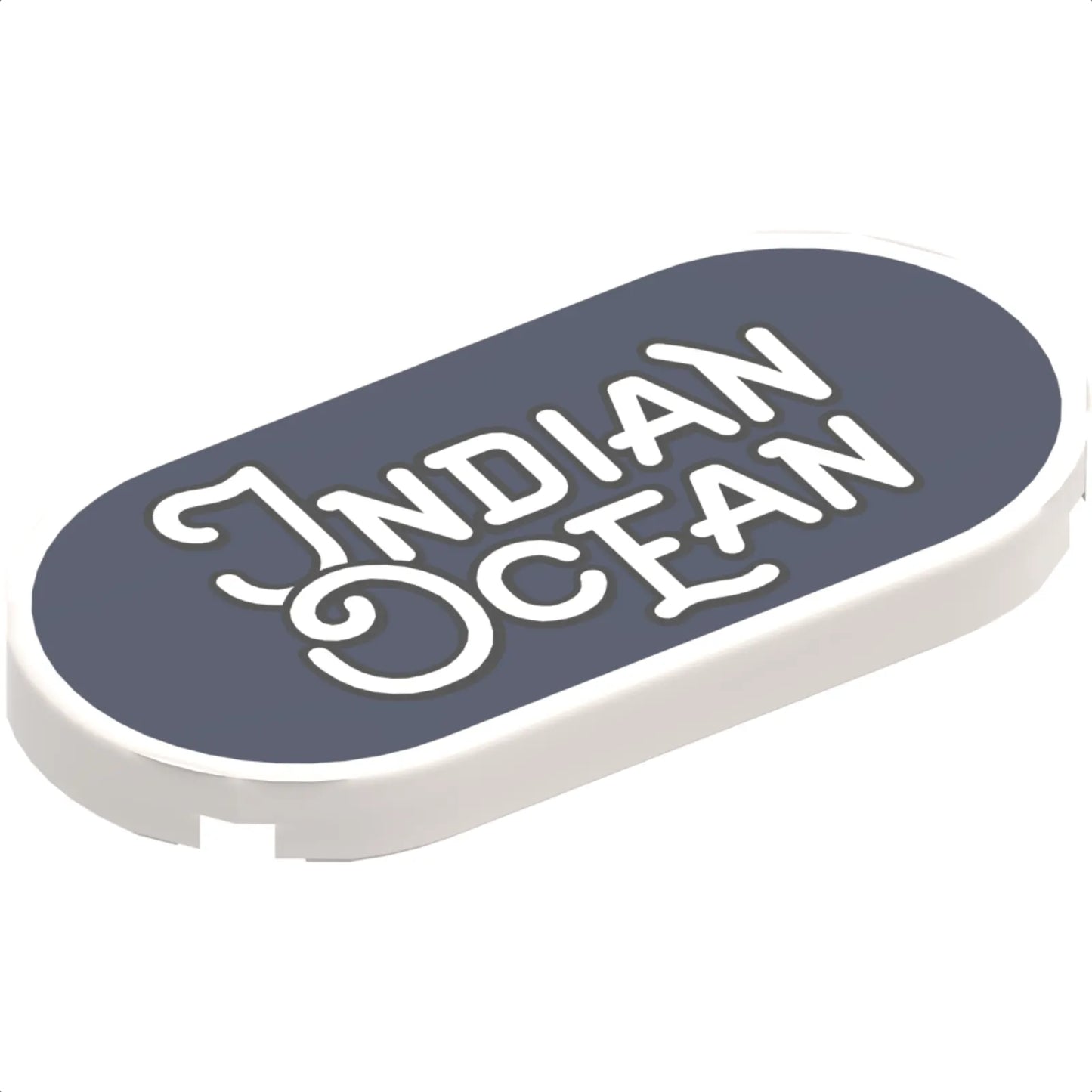 Part 66857pb023 - Tile, Round 2 x 4 Oval with Black Outline 'INDIAN OCEAN' on Dark Blue Background Pattern