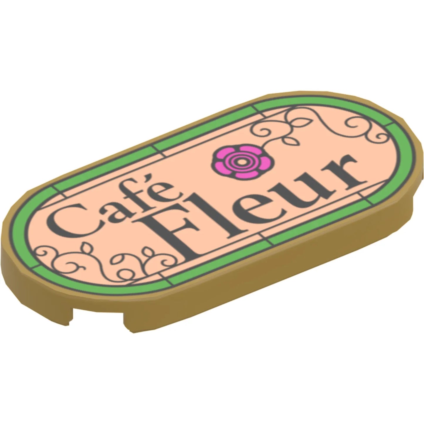 Part 66857pb089 - Tile, Round 2 x 4 Oval with Black 'Café Fleur' (Cafe), Filigree and Dark Pink Flower on Light Nougat Background with Bright Green Border Pattern