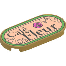 Part 66857pb089 - Tile, Round 2 x 4 Oval with Black 'Café Fleur' (Cafe), Filigree and Dark Pink Flower on Light Nougat Background with Bright Green Border Pattern