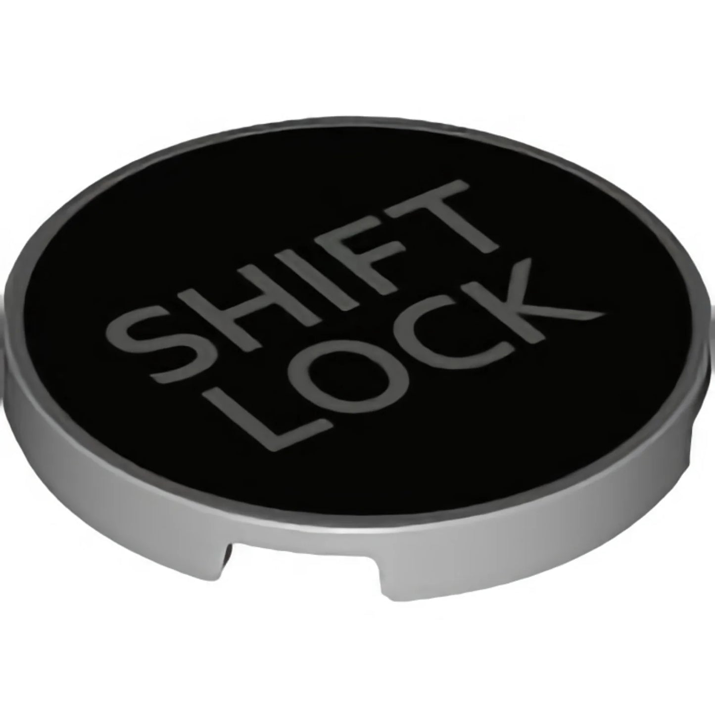 Part 67095pb010 - Tile, Round 3 x 3 with Silver 'SHIFT LOCK' on Black Background Pattern
