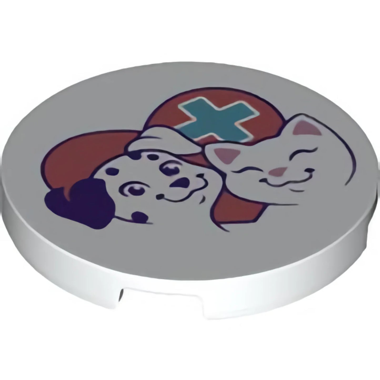 Part 67095pb016 - Tile, Round 3 x 3 with Coral Heart with Medium Azure Cross, Smiling Dog and Cat Pattern