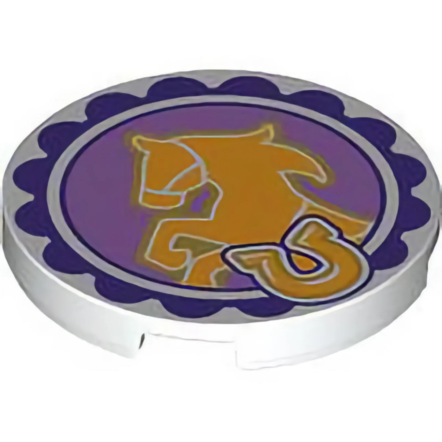 Part 67095pb054 - Tile, Round 3 x 3 with Bright Light Orange Horse and Horseshoe on Medium Lavender Circle Background with Dark Purple Scalloped Edge Pattern