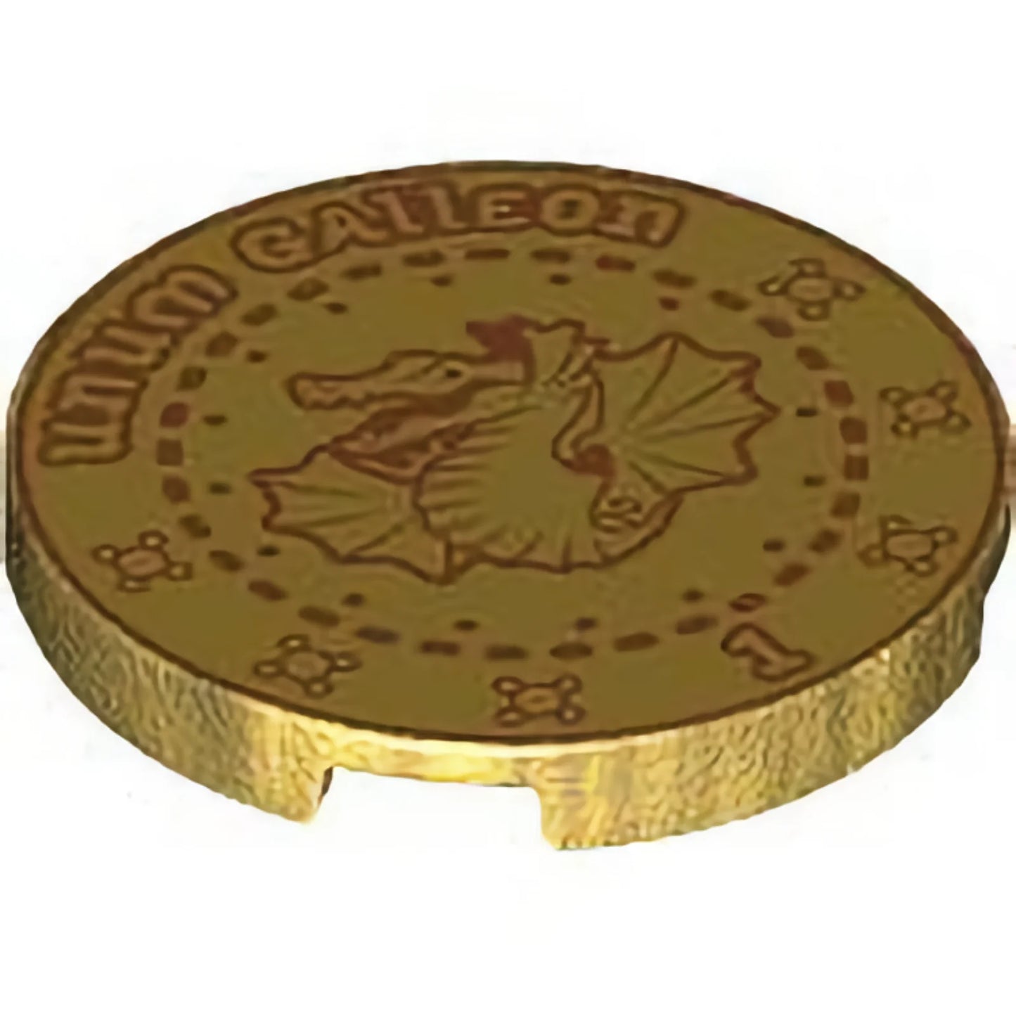 Part 67095pb059 - Tile, Round 3 x 3 with Dark Orange Dragon, 'Unum Galleon', Number 1 and Dashed Circles Pattern