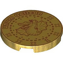 Part 67095pb059 - Tile, Round 3 x 3 with Dark Orange Dragon, 'Unum Galleon', Number 1 and Dashed Circles Pattern
