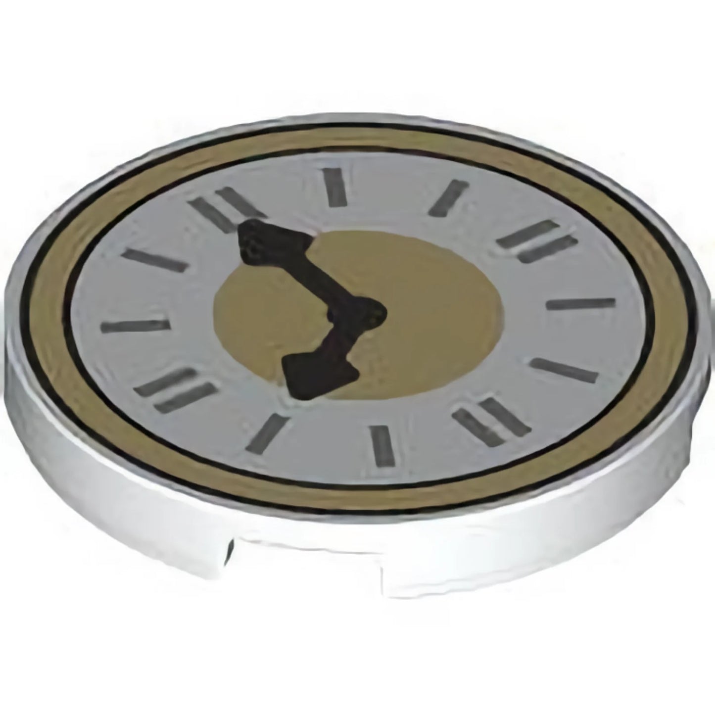 Part 67095pb075 - Tile, Round 3 x 3 with Clock Face with Tan Border, Dark Silver Hands, and Silver Time Indicators Pattern