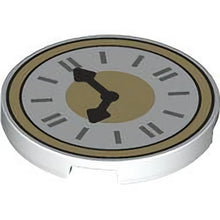 Part 67095pb075 - Tile, Round 3 x 3 with Clock Face with Tan Border, Dark Silver Hands, and Silver Time Indicators Pattern