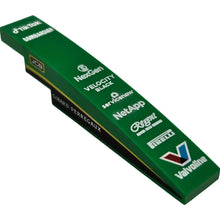 Part 6801pb03 - Slope, Curved 6 x 1 with White 'TikTok', 'BOMBARDIER', 'NexGen', 'VELOCITY BLACK', 'servicenow', 'NetApp', 'Regent', 'PIRELLI', 'Valvoline', 'JCB' and 'GIRARD-PERREGAUX' Logos, Black Panel and Yellow Stripe on Both Sides Pattern