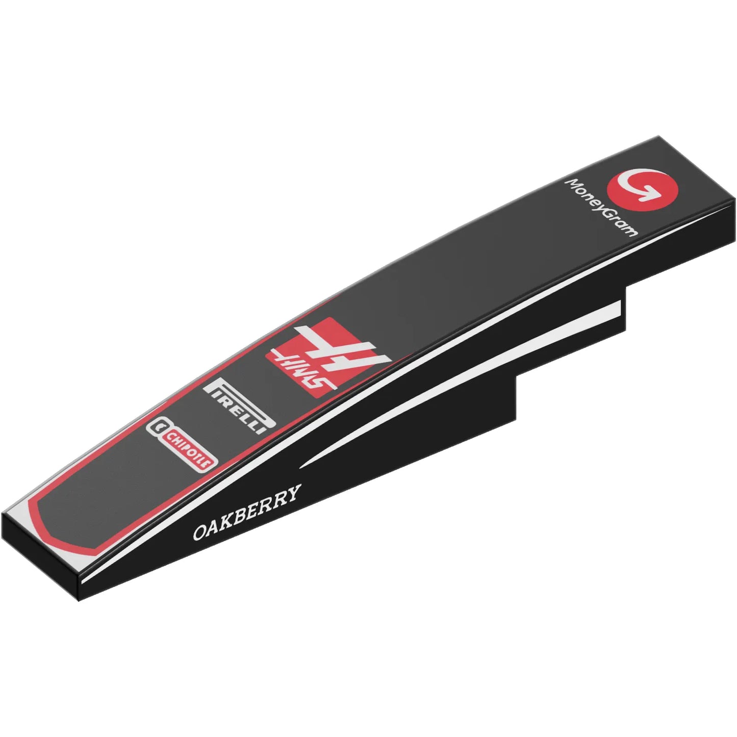 Part 6801pb07 - Slope, Curved 6 x 1 with Red and White 'MoneyGram', 'HAAS', 'PIRELLI', 'CHIPOTLE' and 'OAKBERRY' Logos, Stripes on Both Sides Pattern