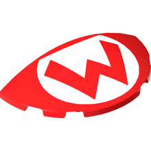 Part 6957pb02 - Brick, Round 3 x 6 x 1 Dome Half with Super Mario Logo Capital Letter M on White Oval Pattern