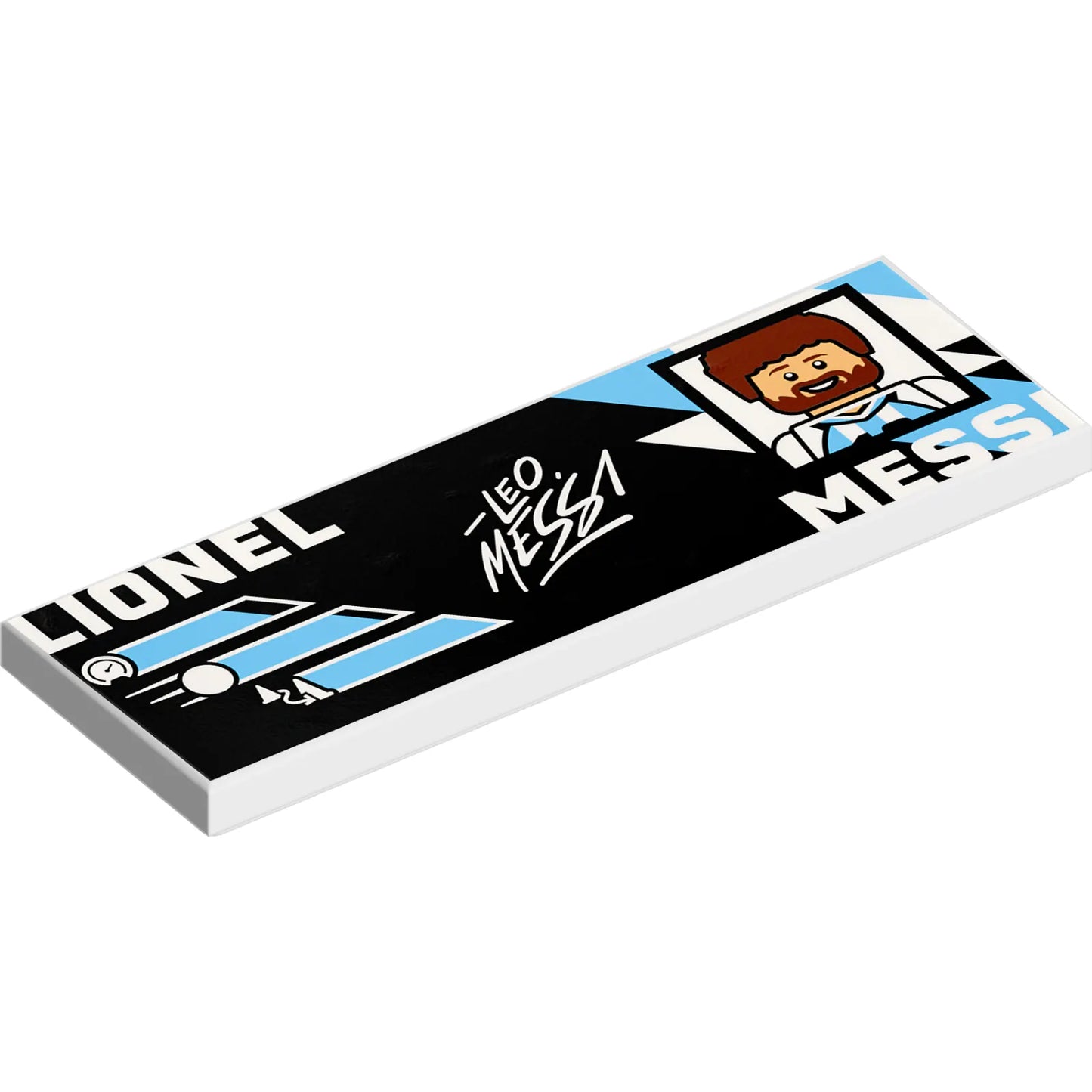 Part 69729pb242 - Tile 2 x 6 with White 'LIONEL MESSI' and Signature, Reddish Brown and Bright Light Blue Portrait and Argentine Flag Colors on Black Background Pattern