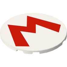 Part 7212pb001 - Tile, Round 6 x 6 with Super Mario Logo Red Capital Letter M Pattern