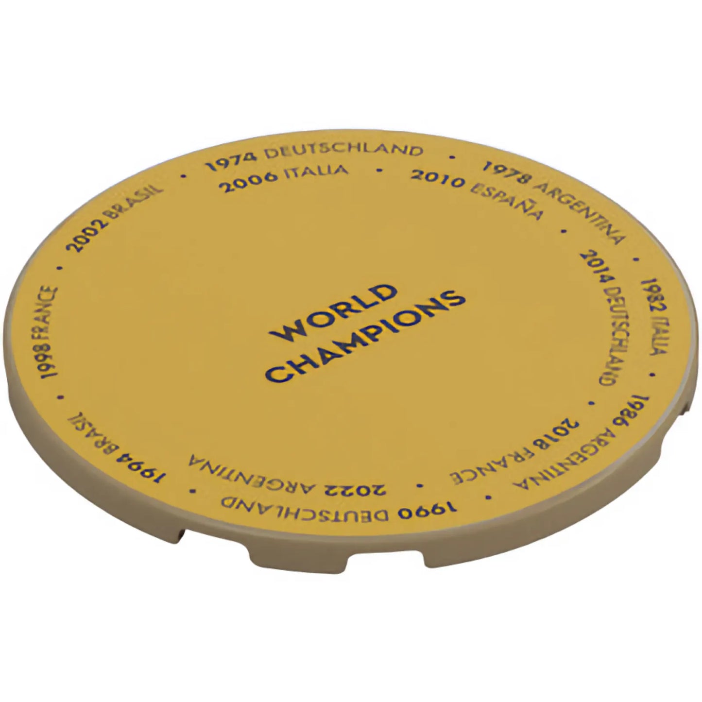 Part 7212pb006 - Tile, Round 6 x 6 with Plaque with Dark Brown 'WORLD CHAMPIONS' and World Cup Winners with Years on Gold Circle Pattern
