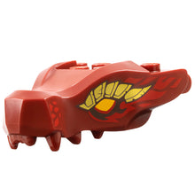 Part 72362pb09 - Dragon Head (Ninjago) Jaw with 2 Bar Handles on Back with Bright Light Orange Eyes, Gold Scales, and Black and Red Flames Pattern